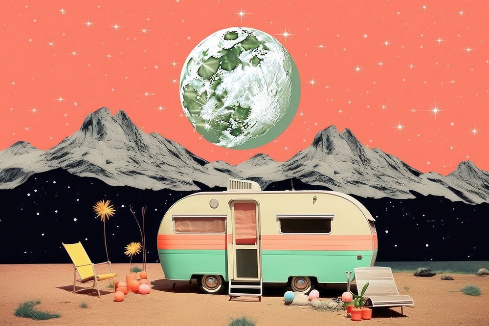Collage Retro dreamy camping astronomy outdoors transportation.