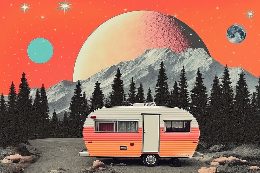 Collage Retro dreamy camping vehicle plant tree.