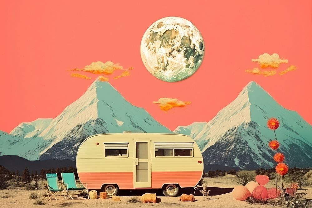 Collage Retro dreamy camping outdoors vehicle van.