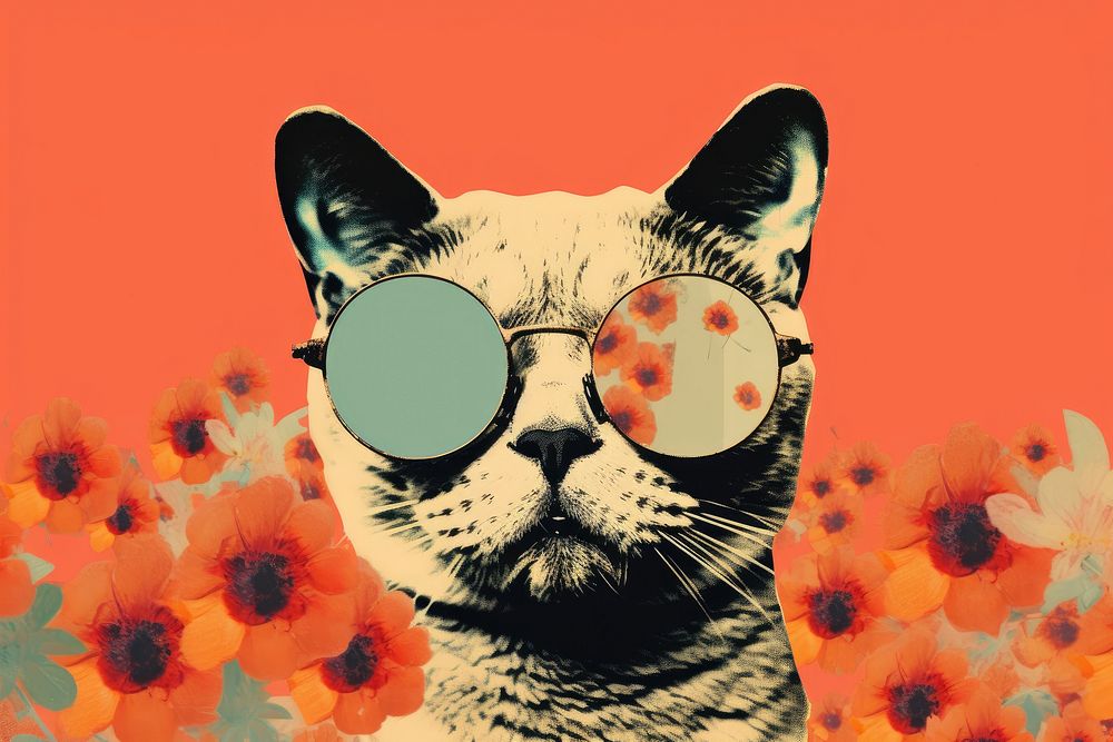 Collage Retro dreamy cat whit flower art sunglasses mammal.