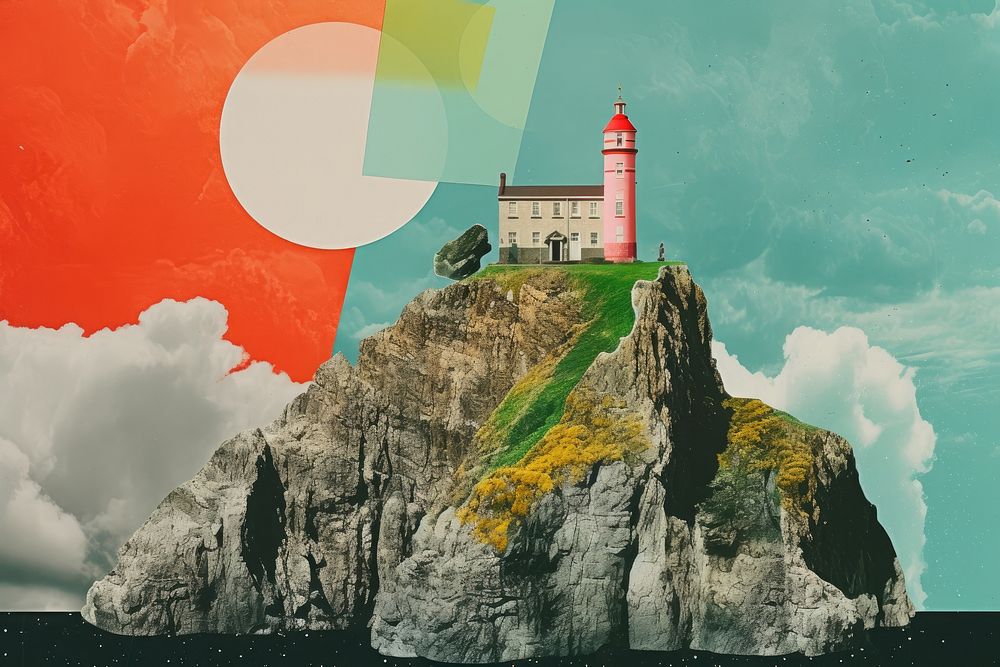 Collage Retro dreamy cliff architecture lighthouse building.