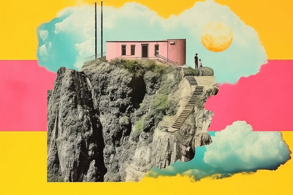 Collage Retro dreamy cliff architecture building lighthouse.