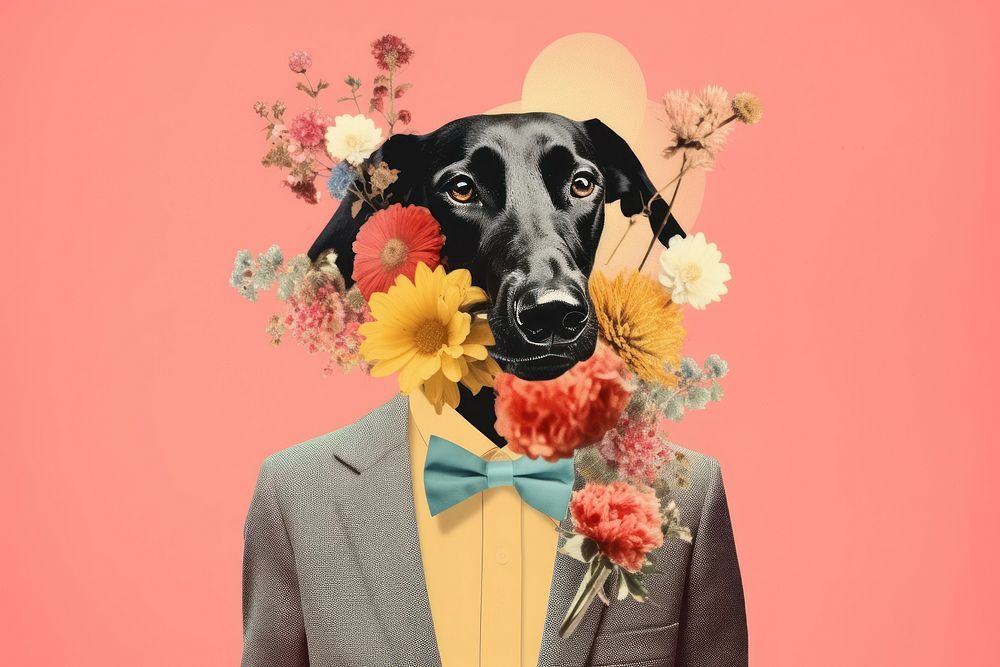 Collage Retro dreamy dog bouquet portrait animal mammal.