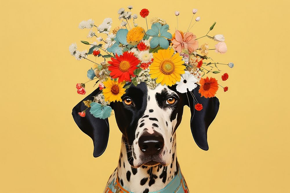 Collage Retro dreamy dog bouquet mammal animal flower.