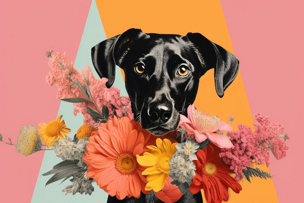 Collage Retro dreamy dog bouquet art animal mammal.