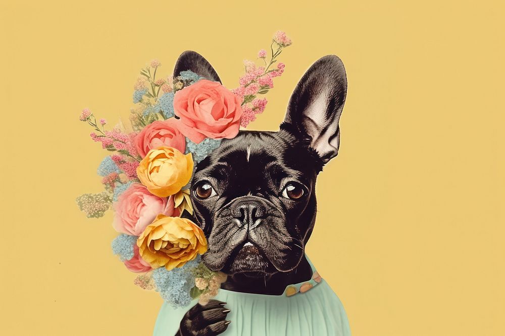 Collage Retro dreamy dog holding bouquet bulldog animal mammal.
