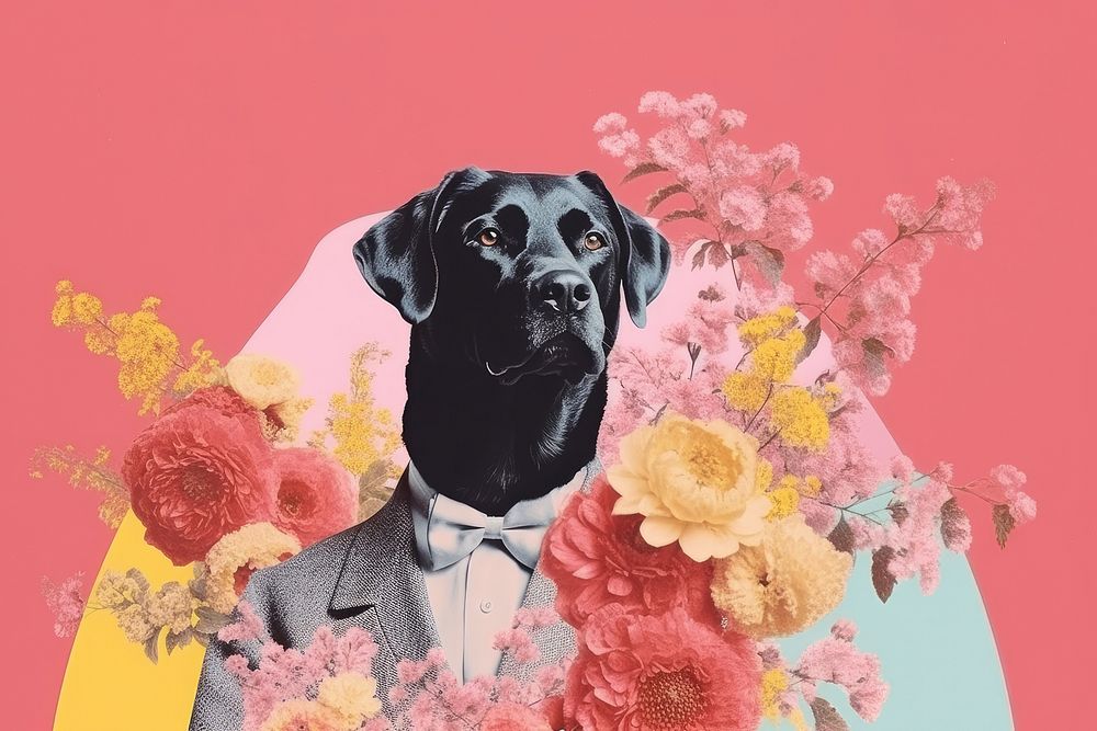 Collage Retro dreamy dog holding bouquet art animal mammal.