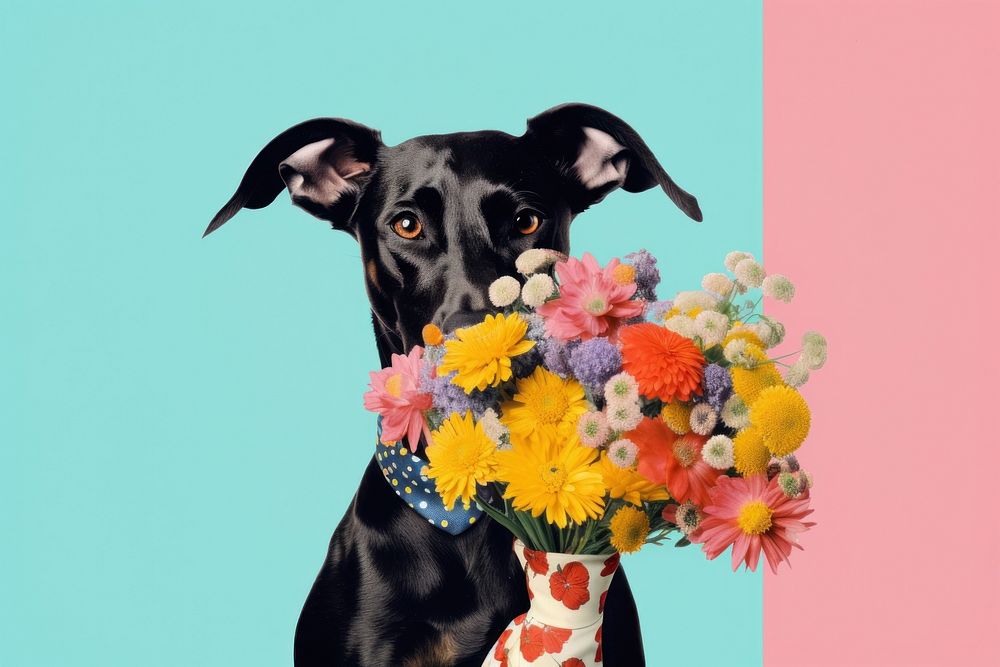 Collage Retro dreamy dog holding bouquet mammal animal flower.