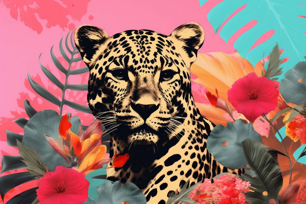 Collage Retro dreamy leopard wildlife animal mammal.