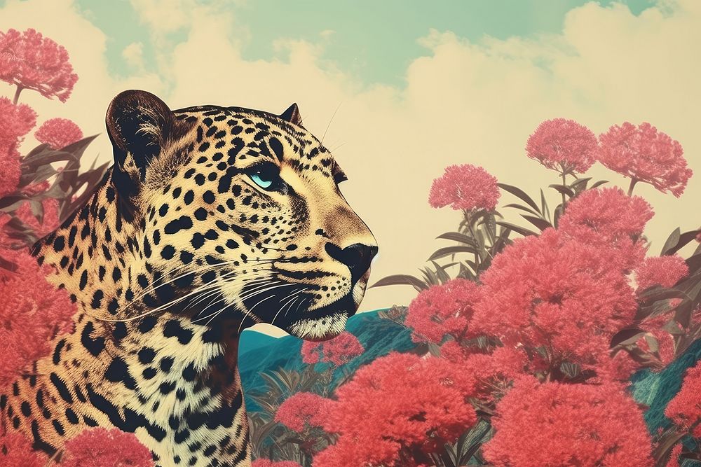 Collage Retro dreamy leopard wildlife outdoors animal.