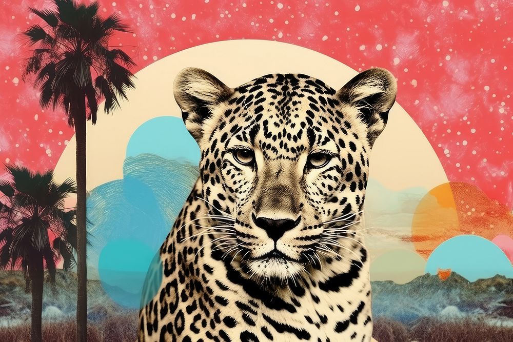 Collage Retro dreamy leopard wildlife cheetah animal.