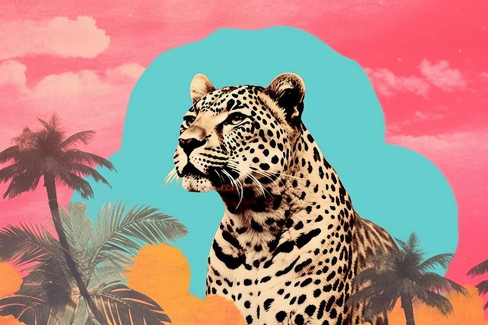 Collage Retro dreamy leopard print wildlife cheetah animal.