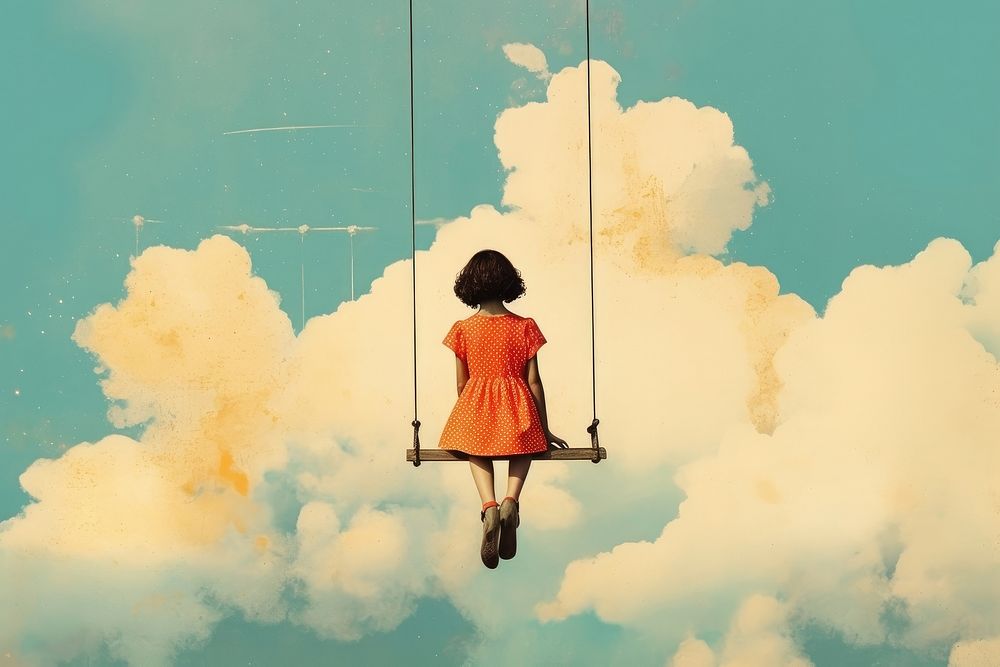 Little girl on swing outdoors sky toy.