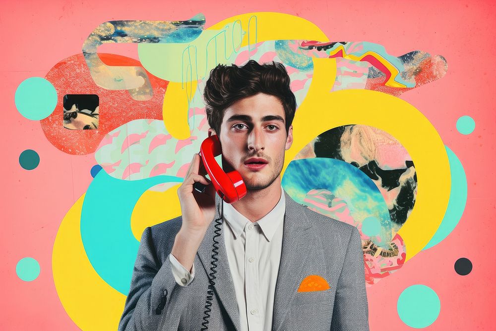 Collage Retro dreamy man on phone portrait collage adult.
