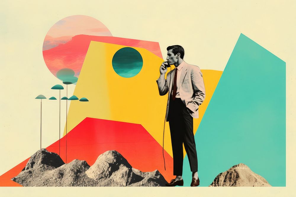 Collage Retro dreamy man on phone art adult photography.