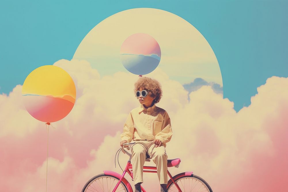 Boy balloon glasses bicycle.