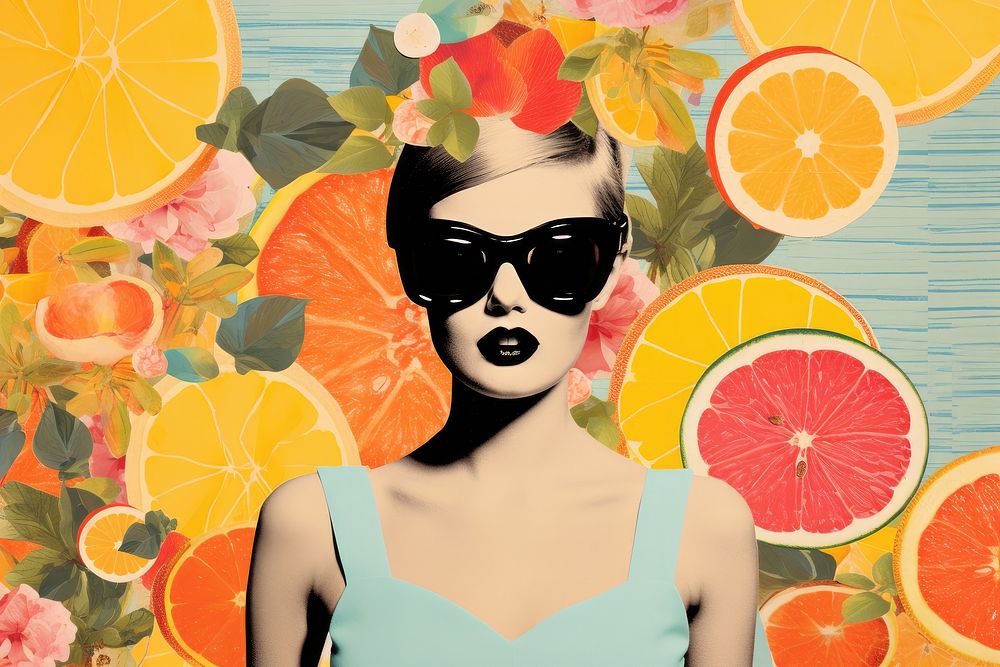 Paper collage sunglasses grapefruit painting.