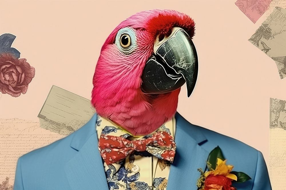 Collage Retro dreamy parrot animal bird beak.