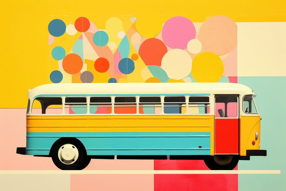 Collage Retro dreamy school bus vehicle art transportation.
