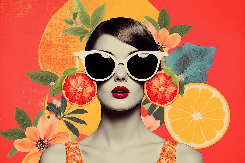 Collage Retro dreamy influencer fruit sunglasses portrait.