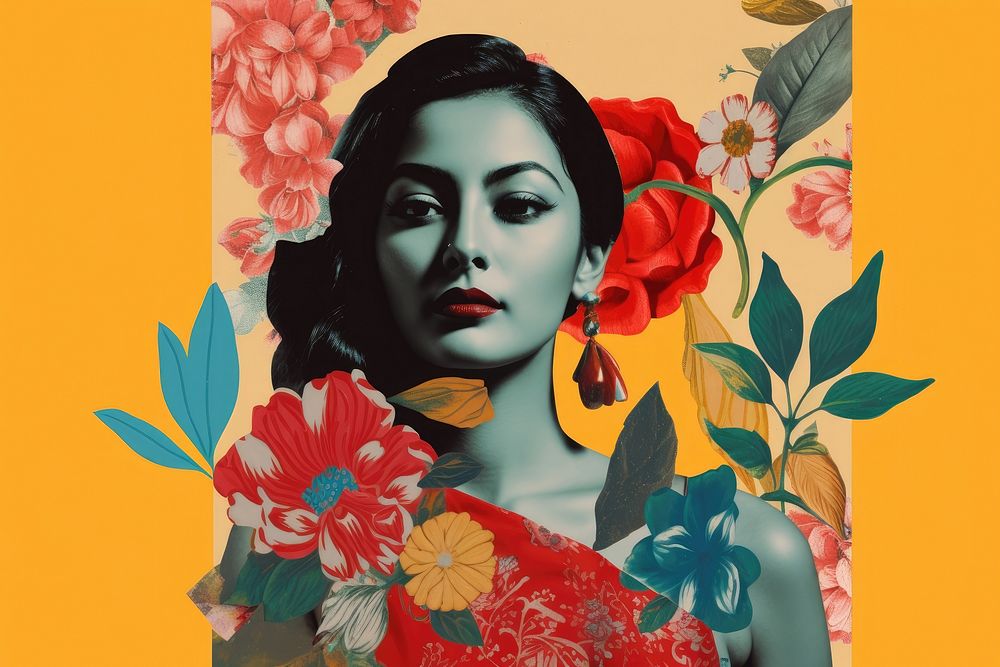 Collage Retro dreamy south asian art portrait painting.