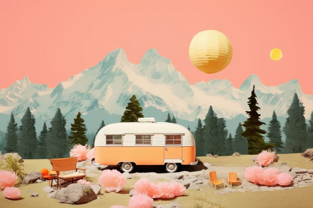 Collage Retro dreamy summer camp outdoors vehicle camping.