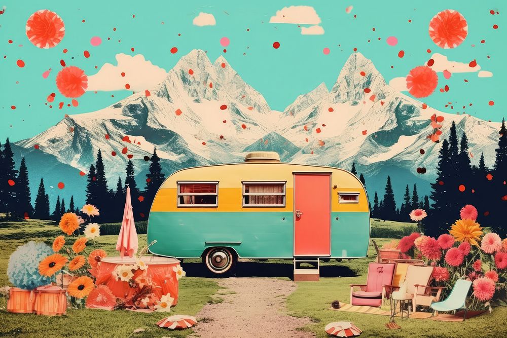 Collage Retro dreamy summer camp outdoors vehicle camping.