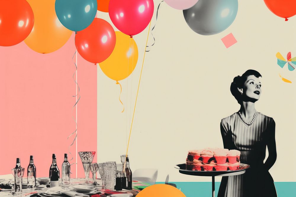 Retro collage of birthday party fun dessert balloon.