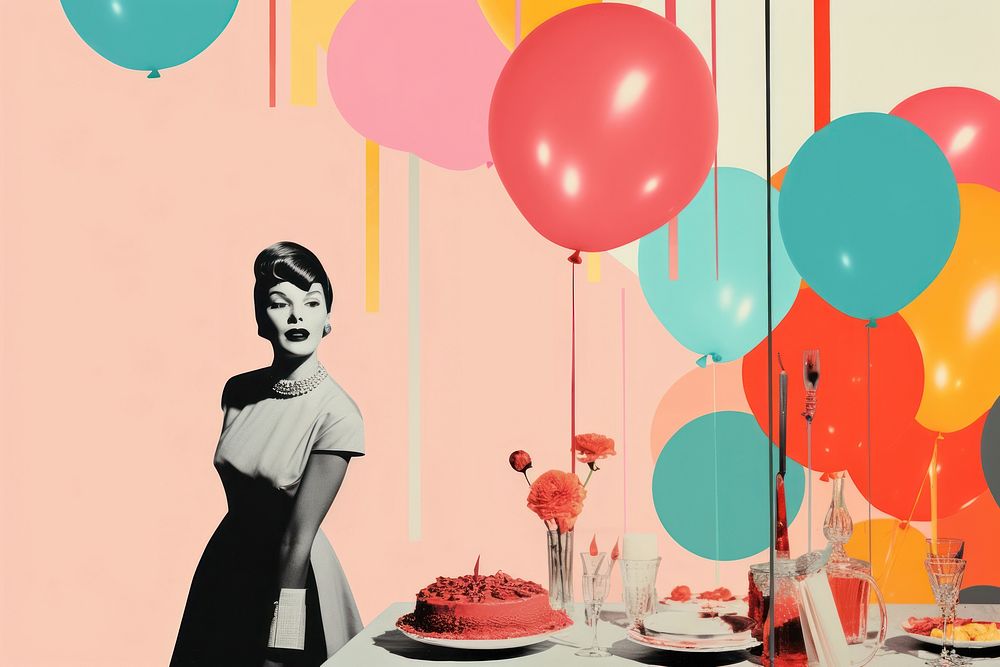 Retro collage of birthday party fun dessert balloon.