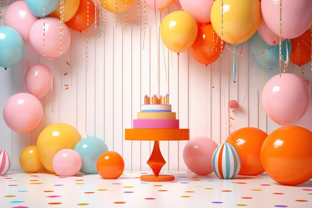 Retro collage of birthday party balloon dessert cake.