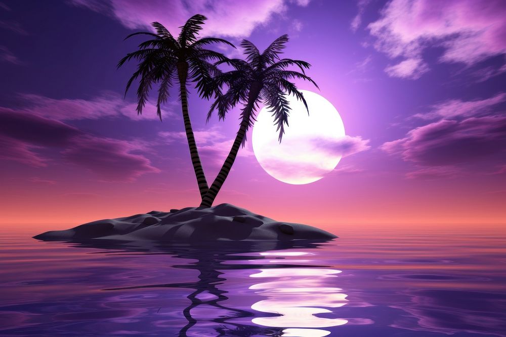 Palm tree at sunrise purple ocean outdoors.