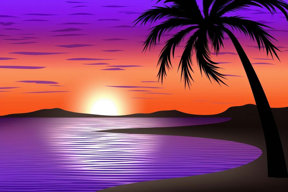 Palm tree at sunrise purple landscape outdoors.