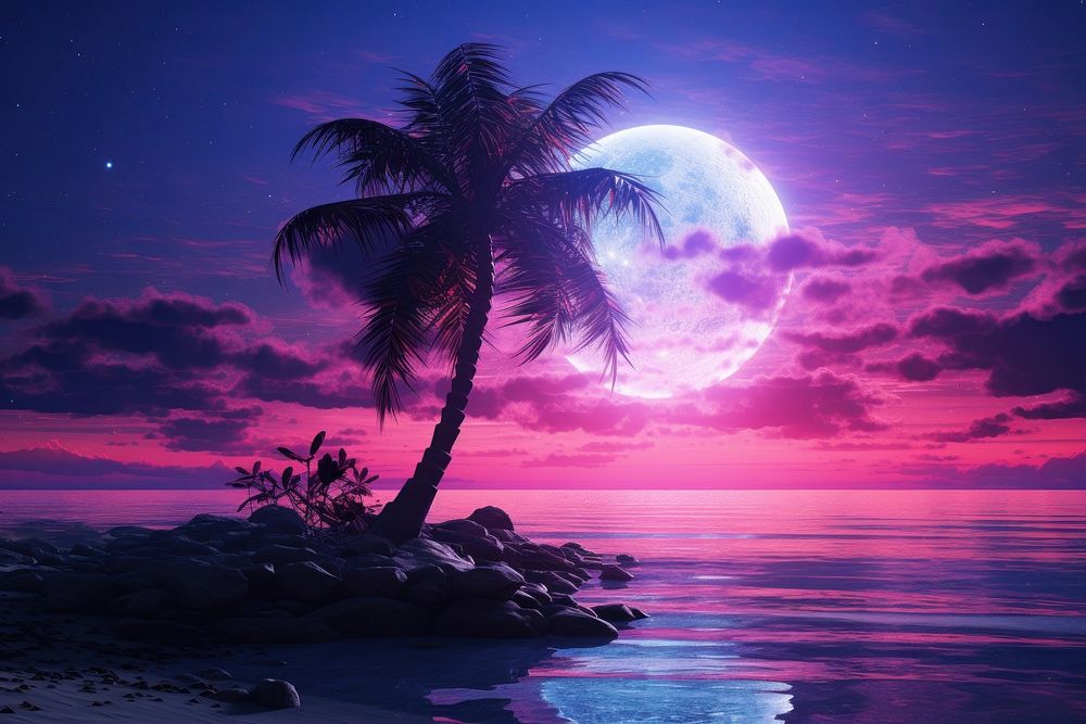 Palm tree at sunrise purple night ocean.