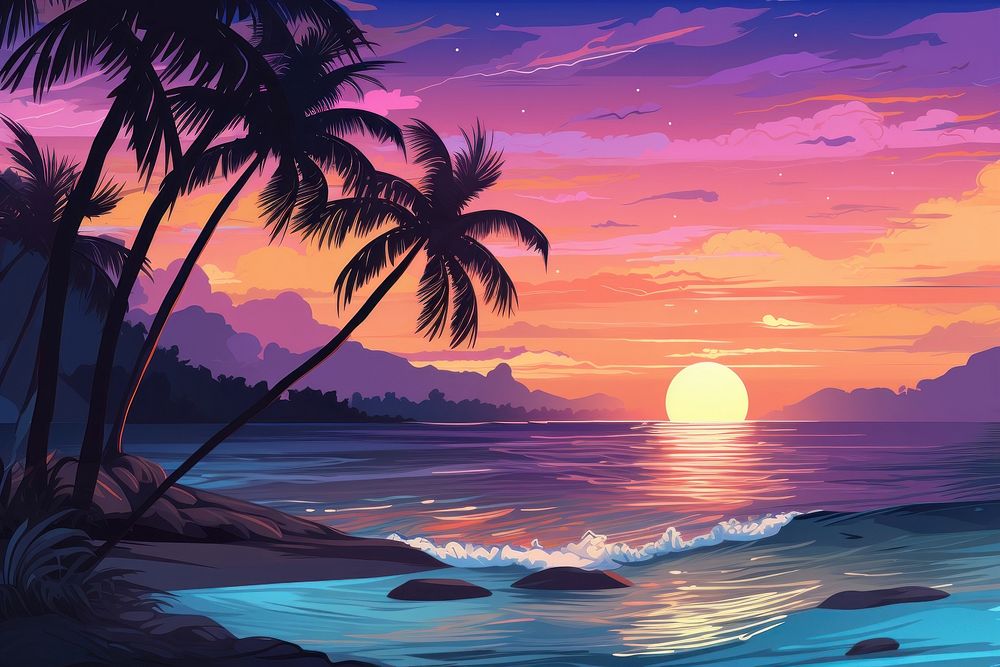 Palm tree at sunrise ocean landscape outdoors.