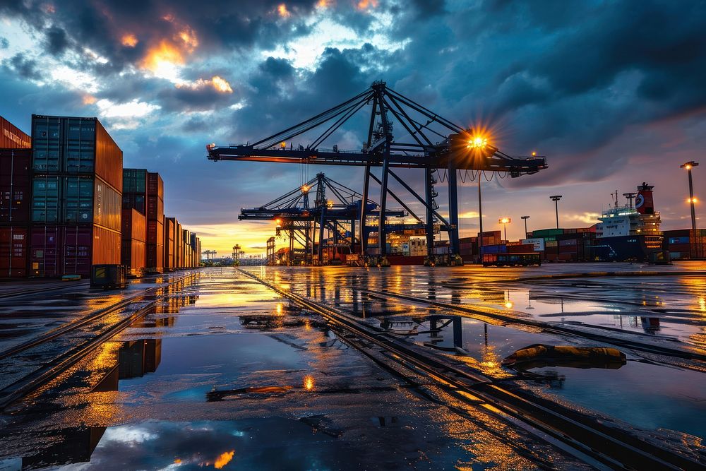 Container terminal at dusk vehicle transportation architecture. AI generated Image by rawpixel.