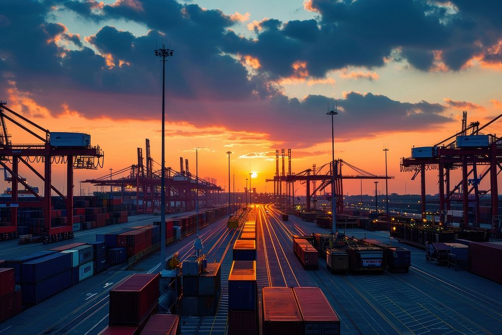 Container terminal at dusk architecture outdoors vehicle. AI generated Image by rawpixel.