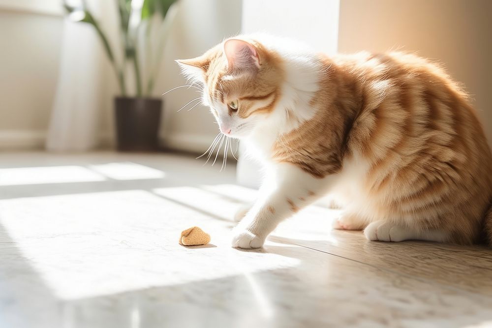 Cat sitting on the floor and getting a treat animal mammal kitten. AI generated Image by rawpixel.