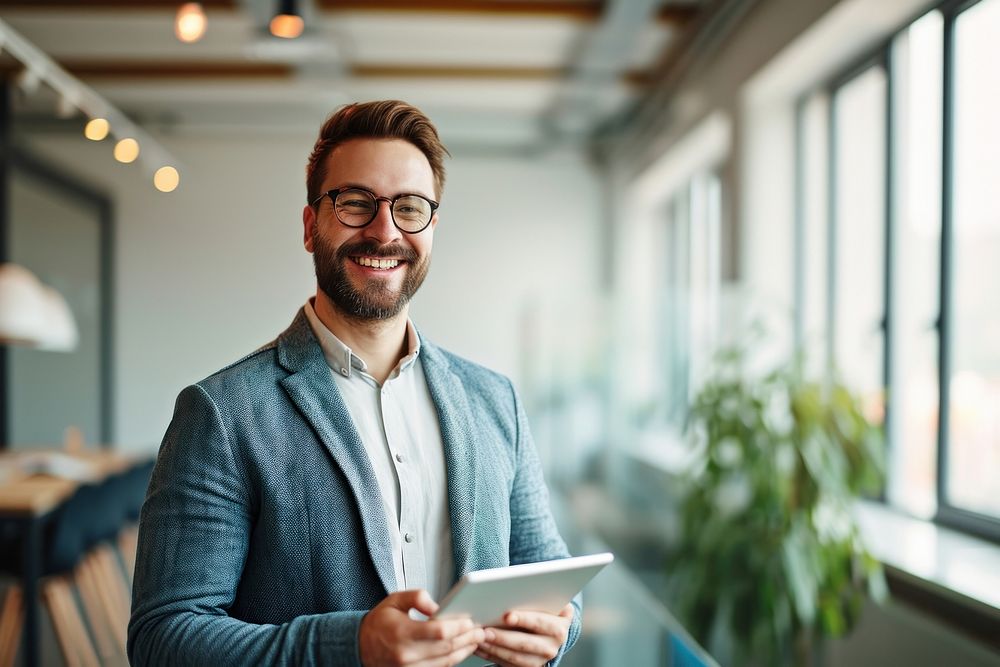 Caucasian business man smiling whild holding a tablet office adult smile. AI generated Image by rawpixel.