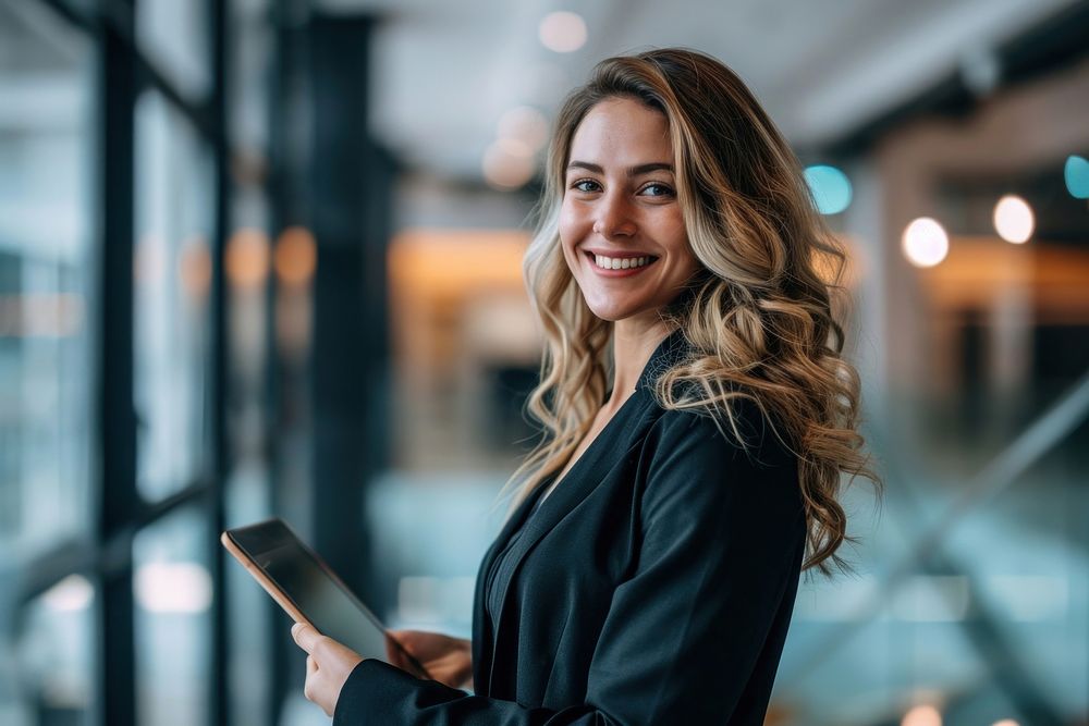 Caucasian business woman smiling whild holding a tablet office smile adult. AI generated Image by rawpixel.