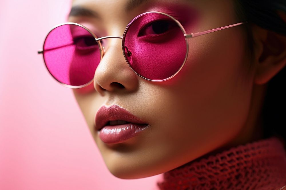 A Vietnamese woman south east asian wear fashionable pink sunglasses adult accessories hairstyle.