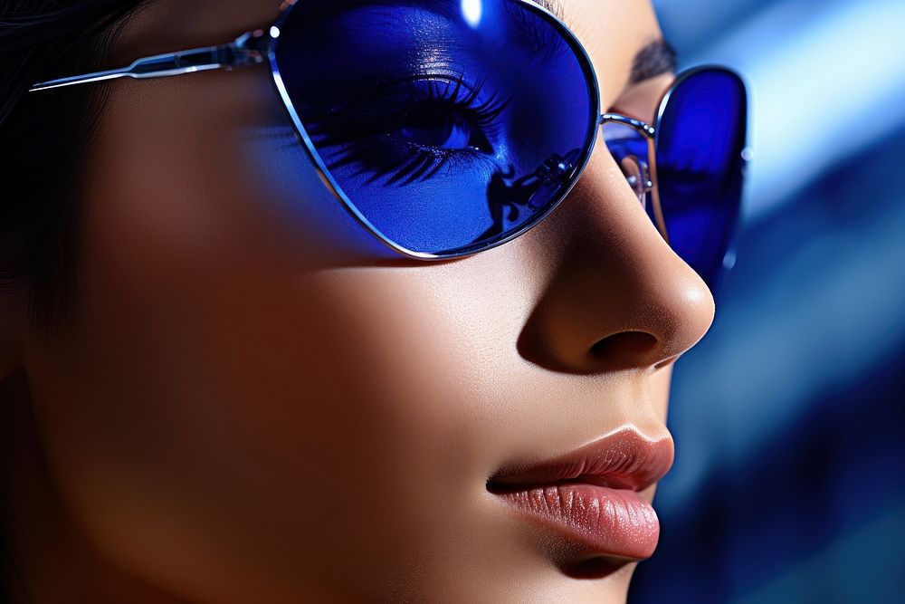 A Indonesian woman south east asian wear fashionable blue sunglasses adult accessories reflection.