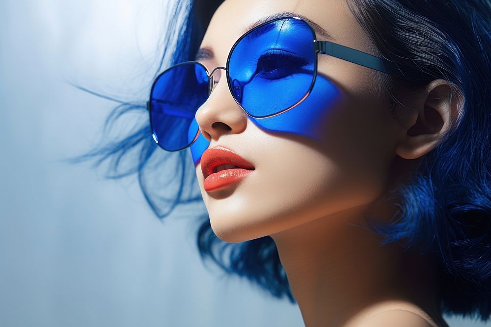 A Indonesian woman south east asian wear fashionable blue sunglasses portrait adult photo.