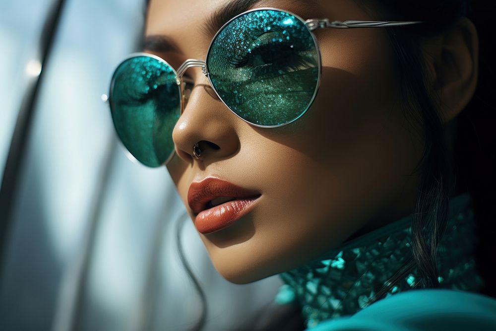 A Indonesian woman south east asian wear fashionable turquoise sunglasses portrait adult photo.