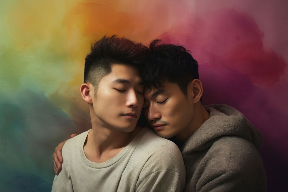 Japanese gay couple hugging portrait kissing photo.