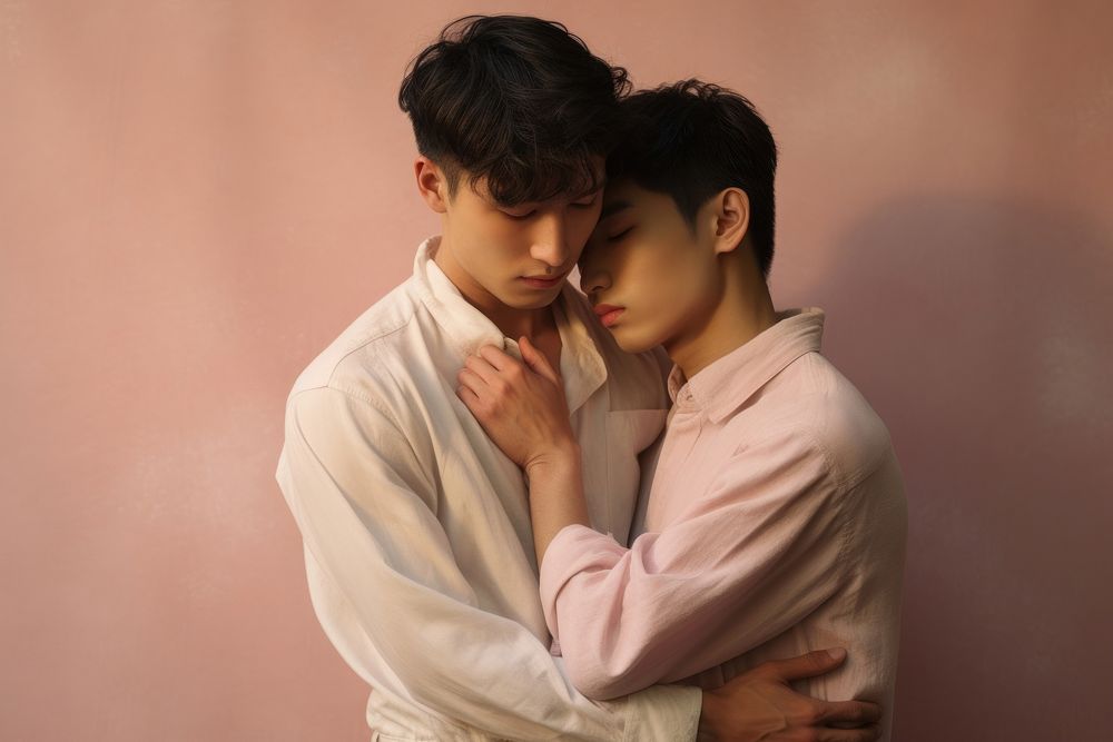 Japanese gay couple hugging portrait photo love.