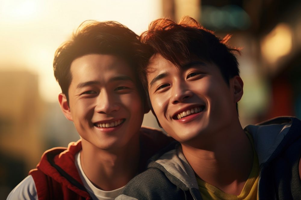 Korean gay couple smile laughing outdoors love.