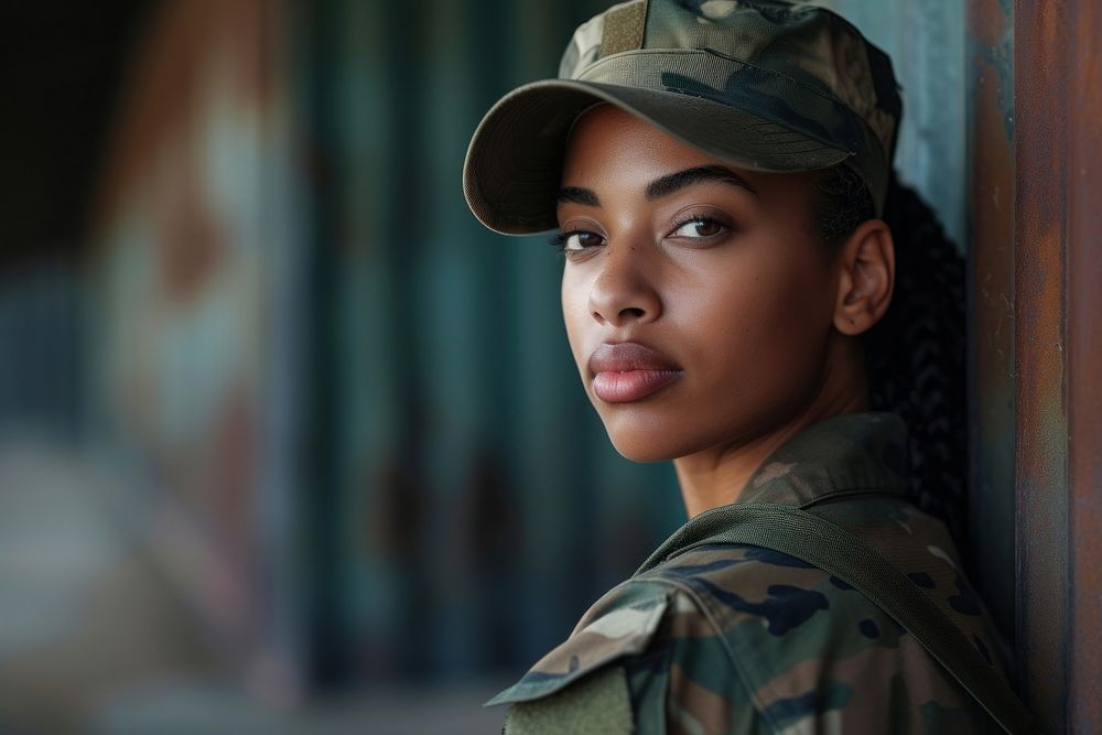 Multi ethnic female soldier at department military contemplation protection.