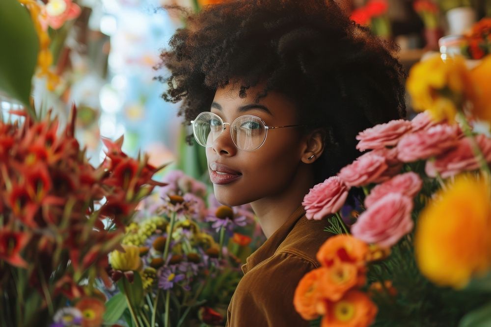 Multi ethnic florist at flower shop portrait glasses adult.