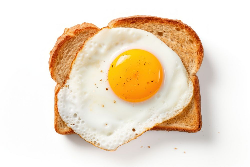 Toast with fried egg food white background breakfast.
