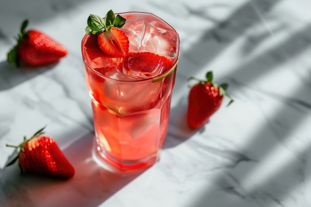 Glass of pink lemonade with strawberry cocktail fruit drink. AI generated Image by rawpixel.